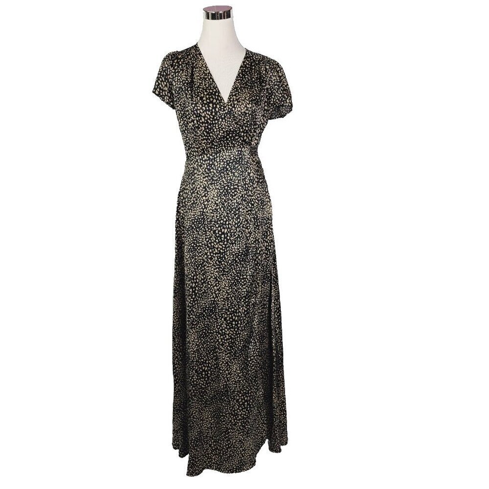 Aakaa Womens Dress Black Belted Maxi Short Sleeve Peasant Boho Surplice Med New